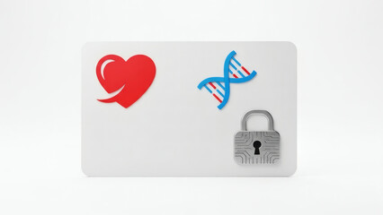 Conceptual illustration of vital personal health and genetic data security, depicting a heart, DNA helix, and a padlock on a modern white card, emphasizing privacy