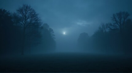 Naklejka premium Moonlit Foggy Landscape with Silhouetted Trees