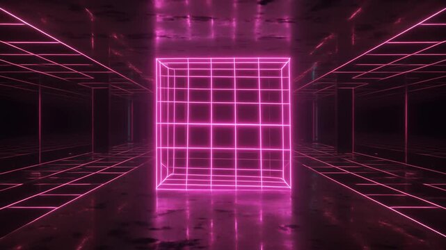 Neon pink glowing wireframe cube floating in dark futuristic tunnel