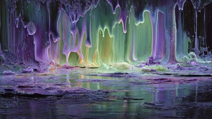 Vivid abstract dripping paint in purple and green neural network AI generated
