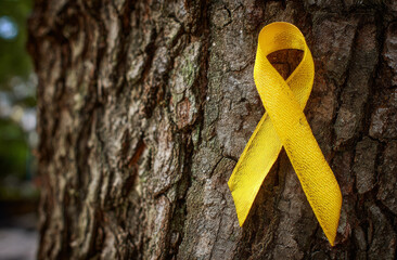 Yellow ribbon tied in a loop on a textured tree trunk as a symbol of cancer awareness