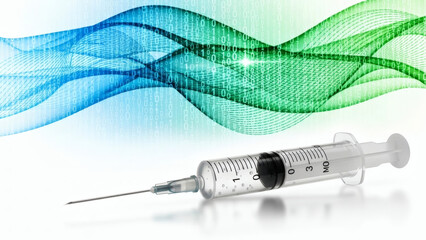 Medical syringe paired with swirling blue and green digital data waves, illustrating the evolving landscape of healthcare technology, scientific research, and innovation
