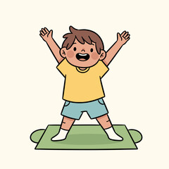 Obraz premium Happy little boy in yellow shirt doing yoga on green mat
