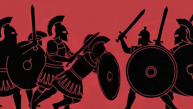 Ancient Greek warriors engage in fierce battle with swords and shields.