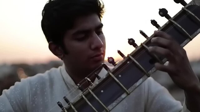 Man playing sitar at sunset.