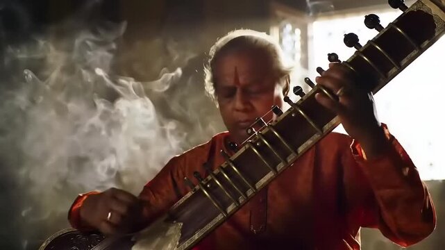 Man playing Sitar with smoke in India.