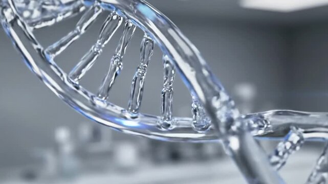 A detailed image of a DNA double helix structure with a blurred laboratory background