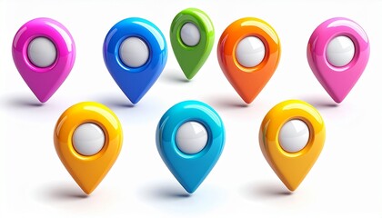 Illustration set of colorful 3d map markers and navigation pins featuring web icon pointers and location symbol tags for business gps design