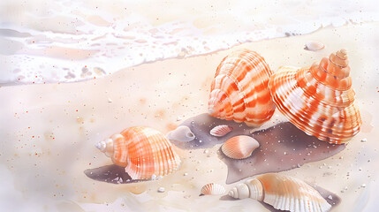 watercolor macro seashells on beach sand