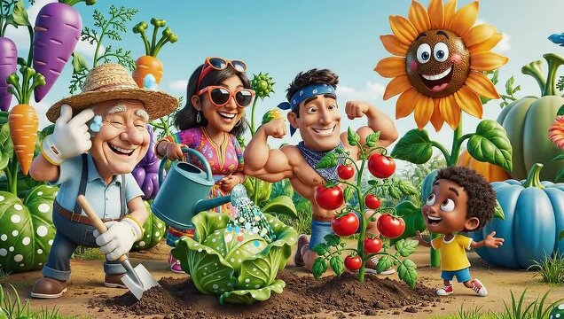 Diverse group of people happily gardening together, cultivating a vibrant vegetable patch under a bright sky.