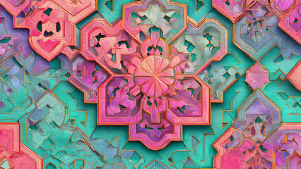 Intricate Islamic Arabesque geometric tiles rendered in a vaporwave color palette of mint green, hot pink, and sunset orange with a retro-digital glow.
