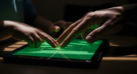 Hands of a Child and an Adult Touching a Digital Tablet Screen with Green Interface in a Warm Indoor Environment Showing Connection and Shared Learning