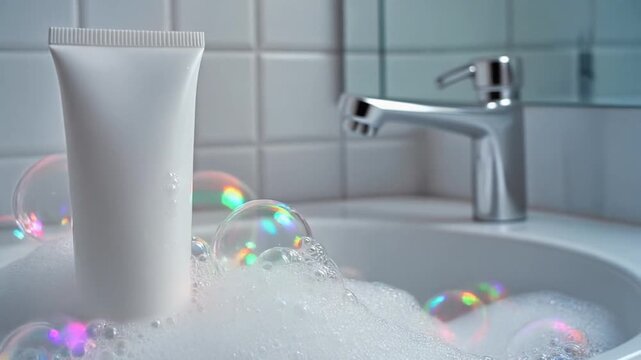 closeup of white lotion or shampoo tube surrounded by bubble soap in bath tube