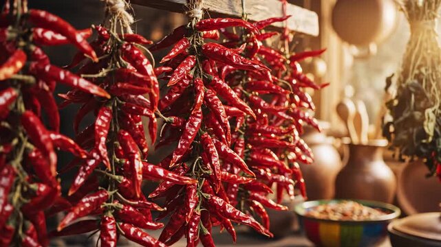 Drying Red Chili Peppers in a Rustic Kitchen Setting.