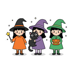 Three cute witch girls with black cat and magic wand for halloween vector illustration.