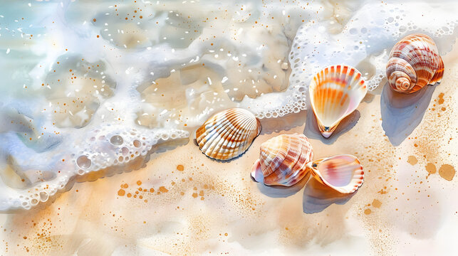 watercolor macro seashells on beach sand