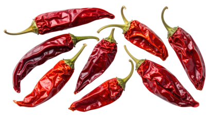 Close-up of eight vibrant, dried chili peppers with visible textures