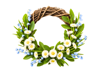 Wreath with white daisies and blue flowers