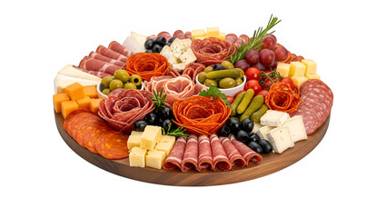 harcuterie board with assorted cured meats on wooden platter, isolated on white or transparent background. PNG