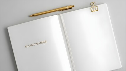 Open budget planner with pen and clip on a grey surface