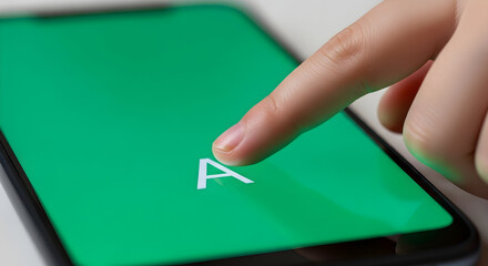 User Interacting with Mobile Device Touchscreen Featuring a Green Background and Simple Letter Icon