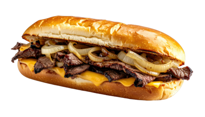 A loaded sandwich with steak, cheese, and onions on a toasted hoagie roll