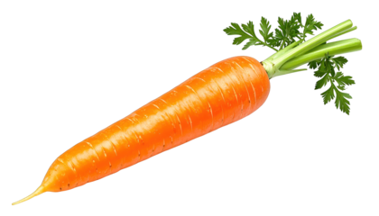 A vibrant orange root vegetable with green leafy top on a transparent background