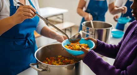 Serving Nutritious Meal to Person in Need at Charitable Community Kitchen