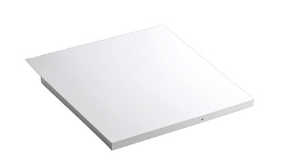 Angled view of a square, white, flat object, with a small dark indentation