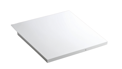 Angled view of a square, white, flat object, with a small dark indentation