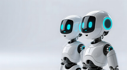 Two cute robots standing on the far right, appearing to whisper or confer while looking at the left empty space.