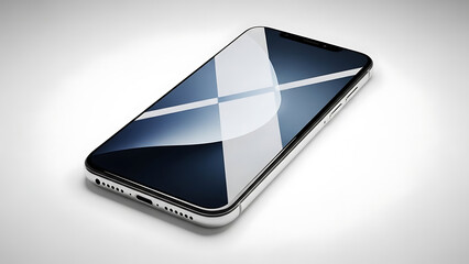 Sleek silver smartphone with dark reflective screen on clean white background