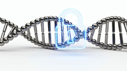 Conceptual rendering of genetic data security, showcasing a shimmering metallic DNA helix intertwined with a glowing digital padlock icon against a clean white background