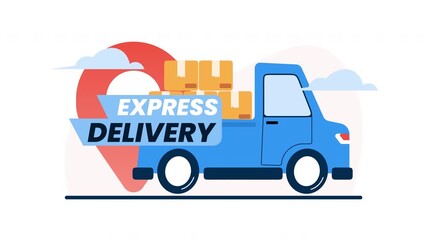 Express delivery animation delivery truck boxes by a location icon. Perfect for logistics, transportation, and shipping concepts.