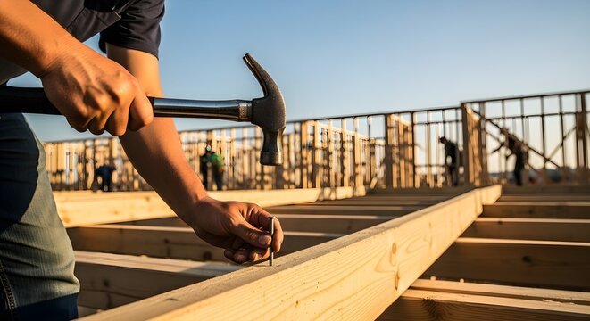 Man hammering Nail into Wood on a Construction Site Under the Sunlight
