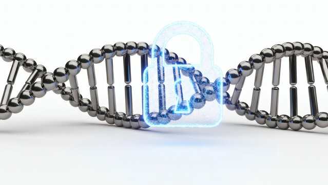 Conceptual rendering of genetic data security, showcasing a shimmering metallic DNA helix intertwined with a glowing digital padlock icon against a clean white background - Powered by Adobe
