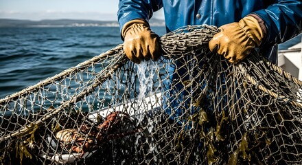 Man in Blue Jacket Holds Fishing Net with Fish and Seaweed Over Ocean Water