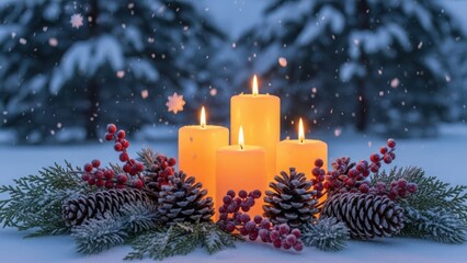Winter candles with berries and pinecones