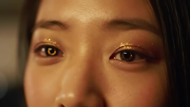 Close up of a person with golden eye makeup selective focus portrait