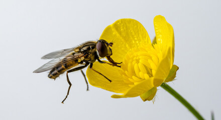 Striped hoverfly drinks nectar from a vibrant yellow buttercup under bright crisp daylight. AI Generated