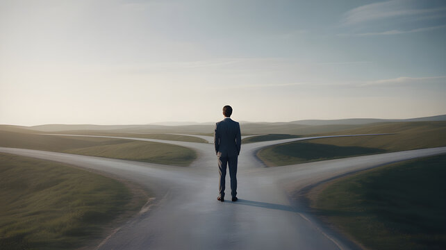 Conceptual photorealistic scene of a single generic human figure standing at a forked road with multiple paths extending into the distance, soft cinematic lighting, realistic environment, neutral tone