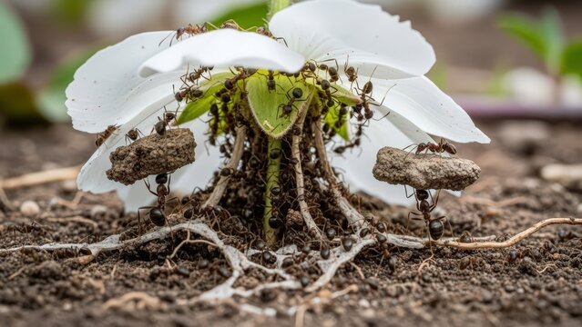 Ants collaboratively lifting and supporting a white flower from the soil, showcasing their incredible teamwork and strength.