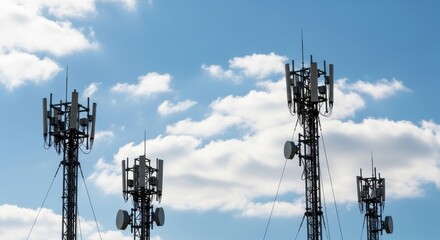 Modern telecommunication towers rise tall, piercing the sky against a backdrop of billowy clouds, a testament to the seamless connectivity of today's world.