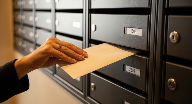 A person delicately inserts a letter into a sleek, modern mailbox, revealing a moment of everyday postal communication.