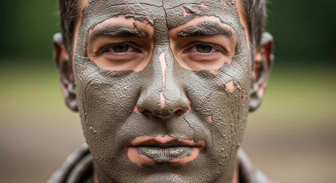 Mud-Masked Man: An Intense Gaze Beneath Earthy Camouflage in a Serene Backdrop