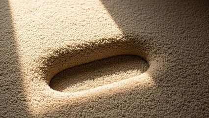 Close-up of a textured surface with a recessed oval-shaped indentation in warm lighting.