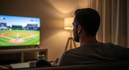 Young man watching baseball game on television in cozy living room, illuminated by soft lamp light, enjoying recreational sports entertainment experience at home