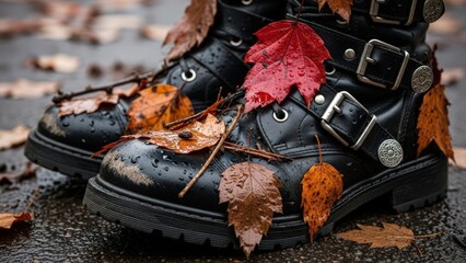 Close-up of black leather boots with metal buckles covered in wet autumn leaves on a wet pavement