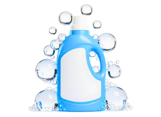 Blue laundry detergent bottle with bubbles around