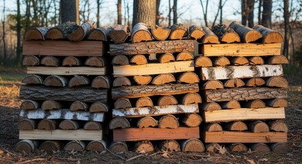 Neatly stacked firewood pile in forest landscape displaying various textures